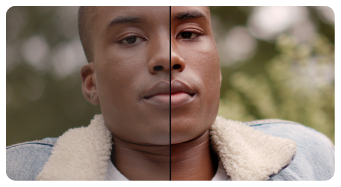 Half and half image showing before and after contrast and pivot adjustments, Blackmagic Design DaVinci Resolve Micro Panel